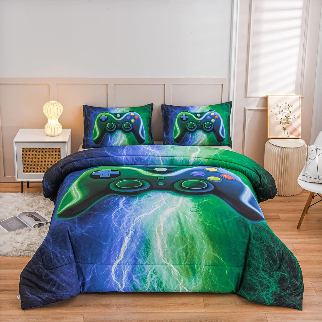 Gamer Gaming Bedding Sets Red Blue Lightnings Gamepad Comforter Set for Boys Games Console Action Buttons Novelty