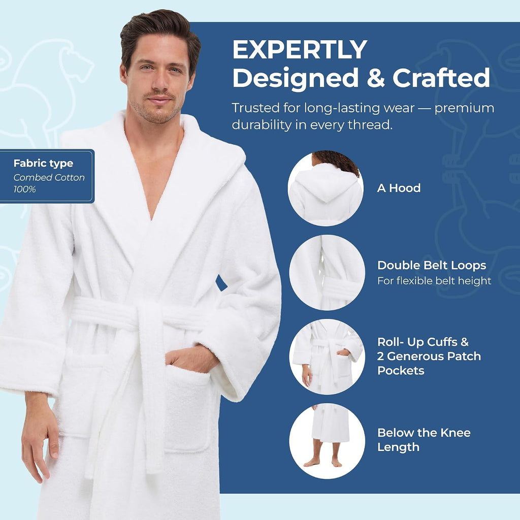 Hooded Terry Shawl Collar Unisex Bathrobe | Thick Terrycloth Fabric, Generously Sized Hotel & Spa Robe with Pockets