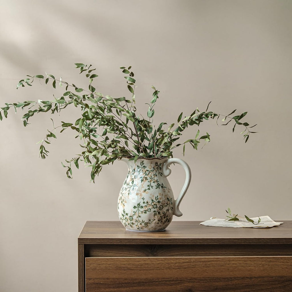 Ceramic Flower Vase | Green Rustic Farmhouse Pitcher Vase