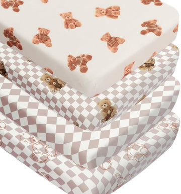 Fitted Baby Neutral Crib Sheets Bear and Buffalo Check Plaid Breathable Unisex Baby Standard Crib Sheet Set for Boys