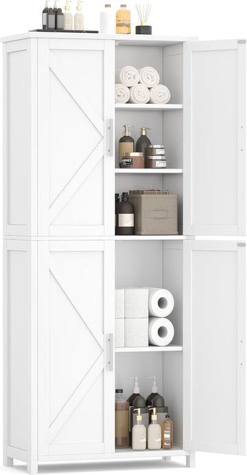 63''H Tall Bathroom Storage Cabinet Adjustable Shelf White | Floor Cabinet with Barn Doors, Adjustable Shelf, Linen