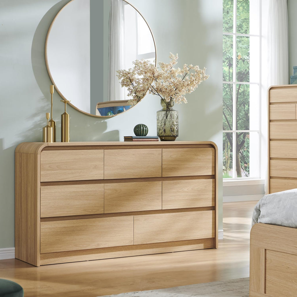 Modern 8 Drawers Dresser , 55" Wide Dressers & Chest of Drawers w/Curved Profile Design, Wood Mid Century Storage