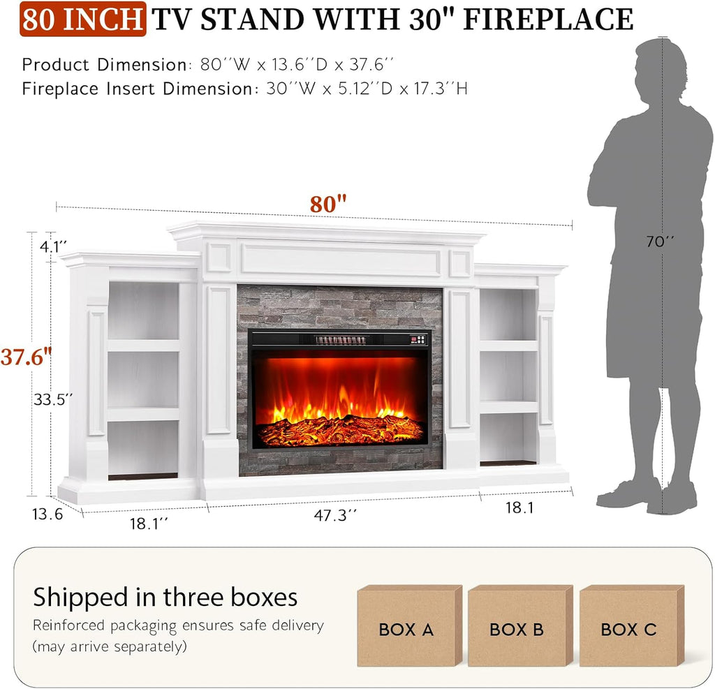 80" Electric Fireplace with Mantel, Fireplace TV Stand for TVs Up to 90 Inch, Modern Entertainment Center with Storage, 30'' Fireplace Heater Insert with 3D Flame Effect for Living Room