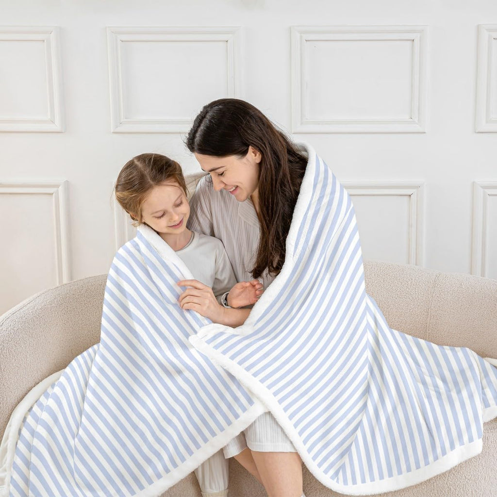 Blue White Stripe Fleece Blanket Throw 50x60 Geometric Ticking Stripes Sherpa Blanket | Farmhouse Vertical Stripes