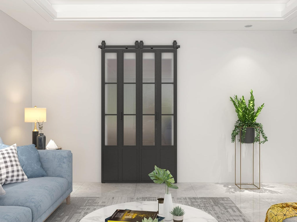 48 in. x 84 in. 3/4 Lites Frosted Glass Black Steel Frame Double Bi-Fold Barn Doors with Hardware Ki