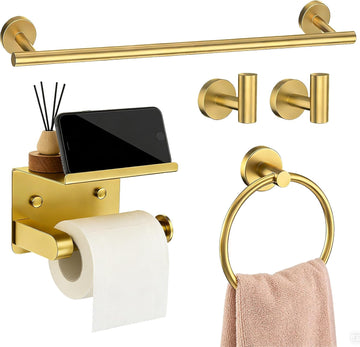 5-Pieces Wall Mount Bathroom Hardware Set,22in Brushed Gold Towel Bar Set | Stainless Steel Waterproof Bathroom