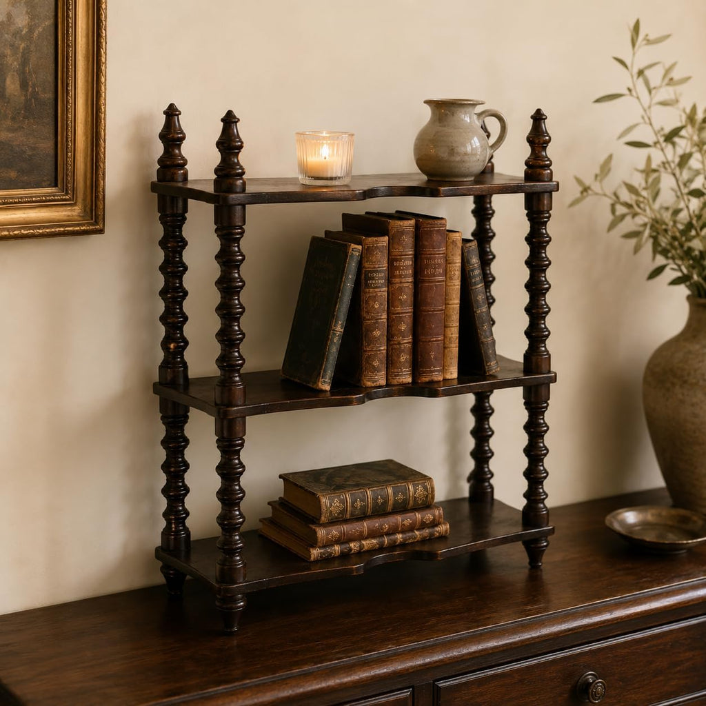 Solid Wood Wall Mounted Shelf, Vintage 3-Tier Carved Wooden Display Rack, Rustic Decorative Storage Shelf with Turned