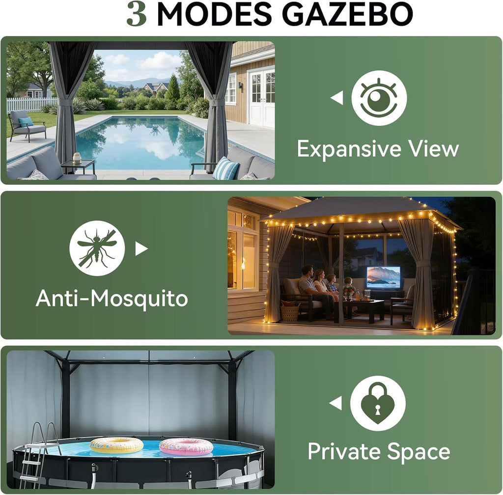 12'x10' Outdoor Gazebo, 50mm Heavy-Duty Steel Frame Double Roof Canopy