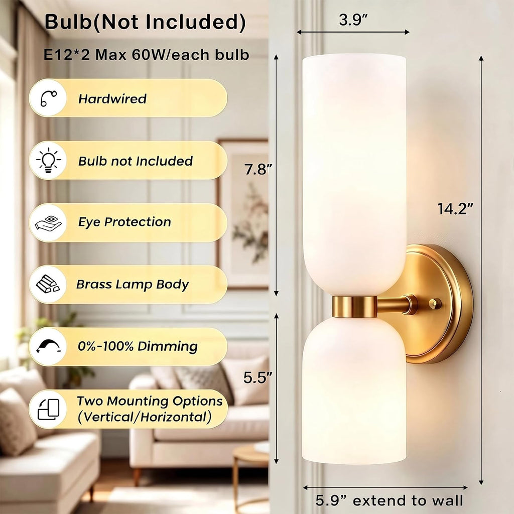 Gold Wall Sconces Set of Two 2-Light Modern Wall Light | 3.93"(W)*14.2"(H), E12 Dimmable, Slim Milky White Glass