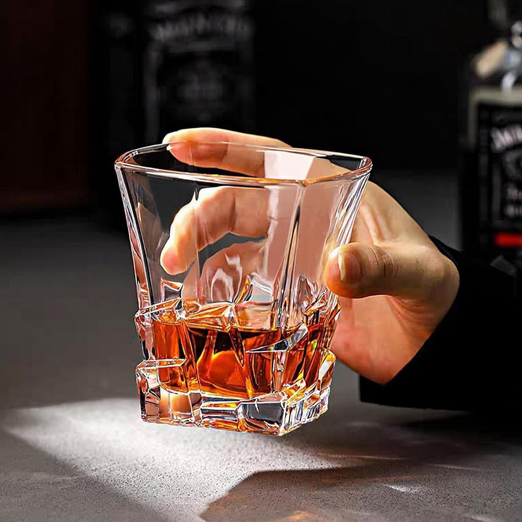Crystal Whiskey Glasses Set of 6-10oz Old Fashioned Rocks Glasses with 3 Unique Designs - Heavy Base Tumblers for