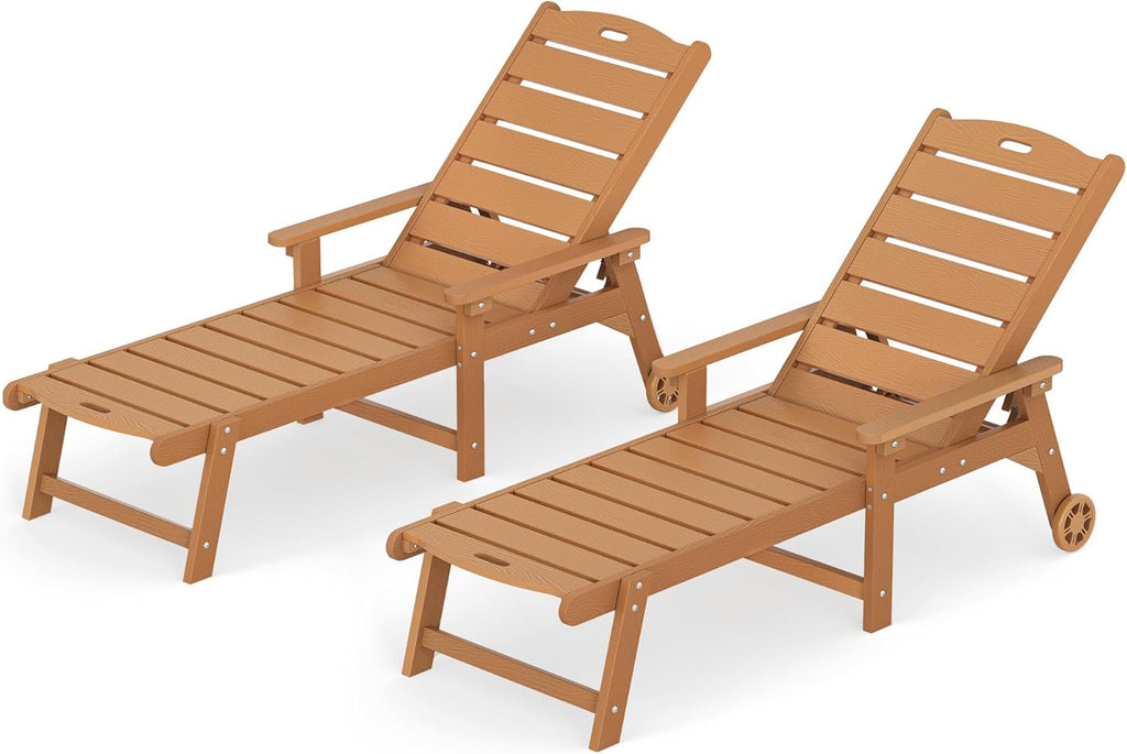 Outdoor Chaise Lounge, 5‐Position, 2‐Pack, Teak Color | HDPS Oversized Lounge Chair with Armrest, Fade & Crack