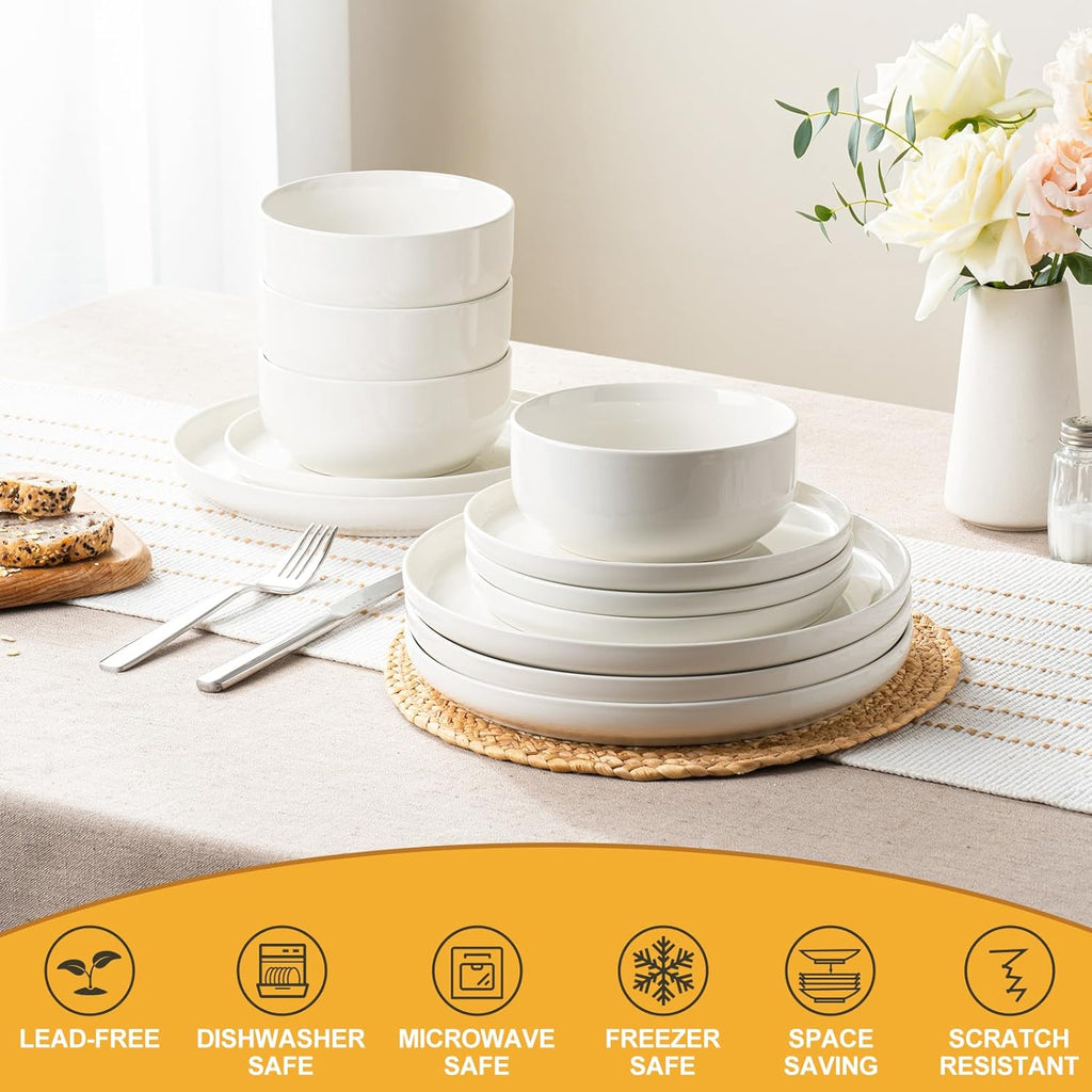 Plates and Bowls Sets, 12 Pieces Ceramic Dinnerware Set for 4, Stoneware Dishware Dishes Set
