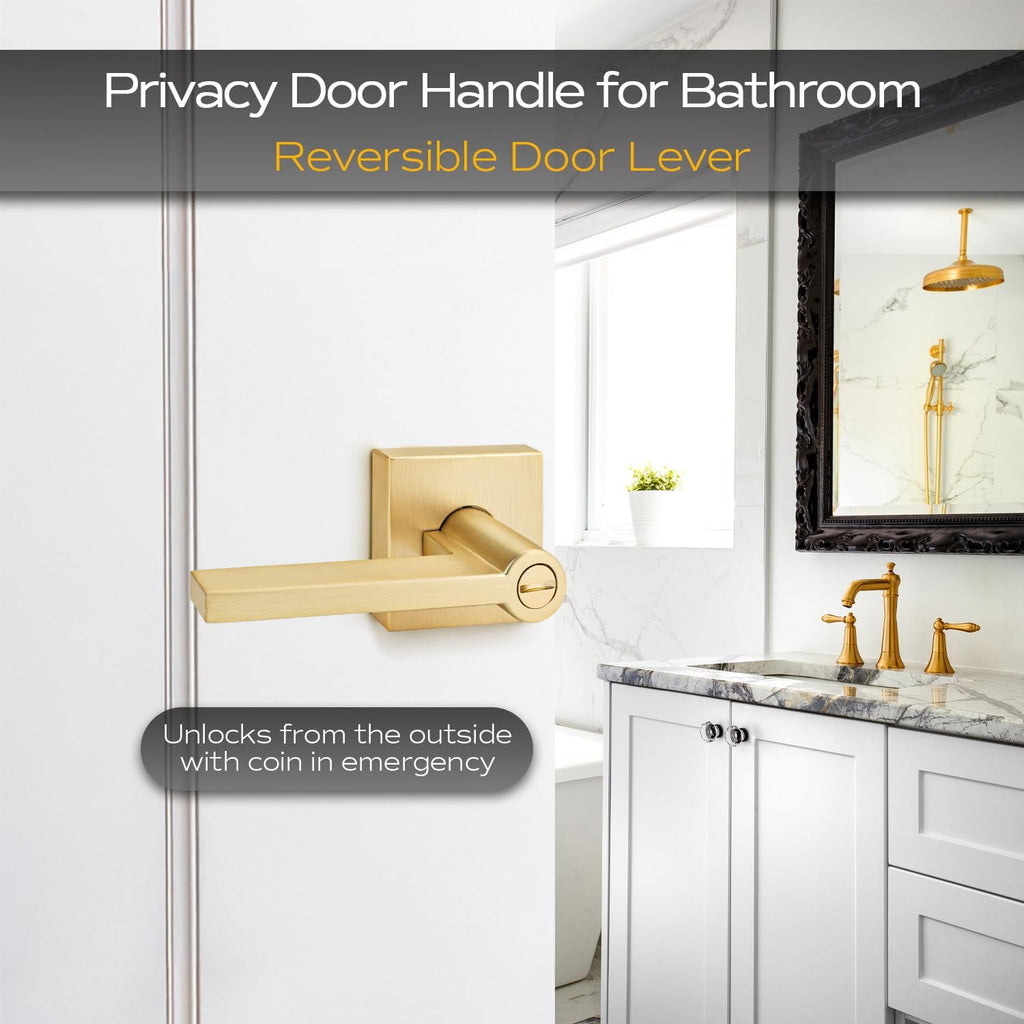 2 Pack Gold Door Knobs Interior, Satin Brass Privacy Door Lever