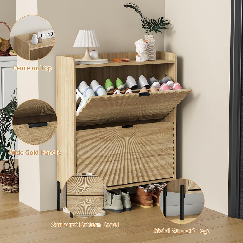 Two-Layer Shoe Cabinet with Two Flip Drawers,Wooden Thin Shoe Cabinet with Metal Handles and Metal Legs,Anti-Dump
