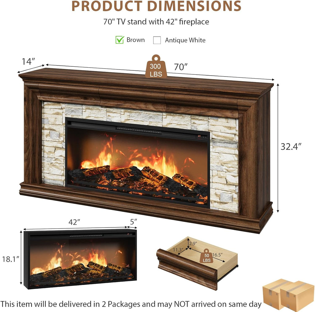 70" Fireplace TV Stand Up to 80" TVs, 42" Modern Electric Fireplace with Mantel