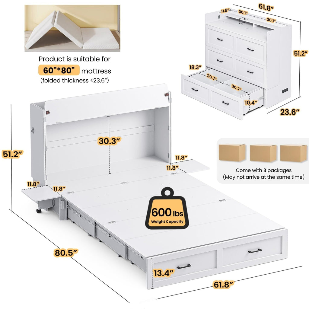 Murphy Bed with Storage & Charging Station, Queen Size Murphy Cabinet Bed Hideaway Bed with Motion Sensor Lights