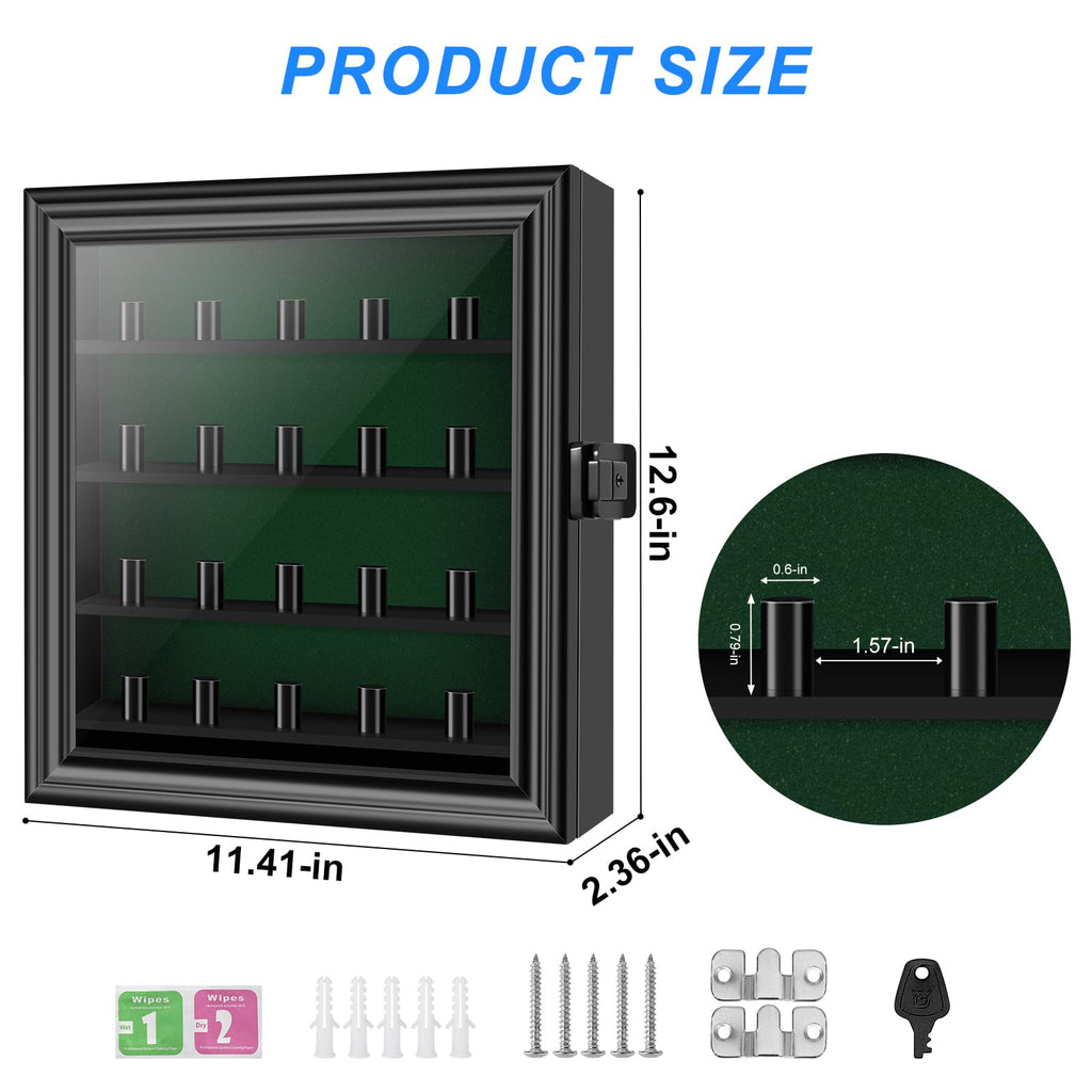Championship Ring Display Case, Lockable Baseball Ring Holder with 20 Posts, Wooden Shadow Box Wall Mount for