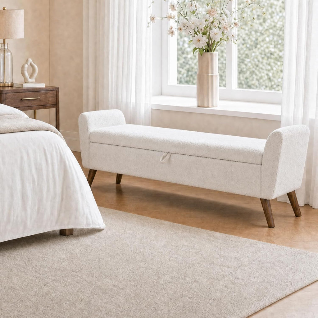 60" Storage Ottoman Bench, Teddy Fabric End of Bed Bench King Size with Solid Wood Legs, Large Hidden Storage (Beige)
