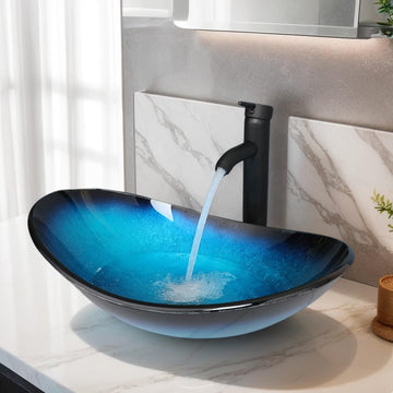 Blue Tempered Glass Vessel Sink with Faucet and Drain 21 Inch Oval Bathroom Sink Above Counter, Bathroom Basin Bowl Sink