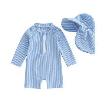 Baby Boys Girls Swimsuit One Piece Striped Zipper Bathing Suit Rash Guard Long Sleeve Seersucker Swimwear Sunsuit