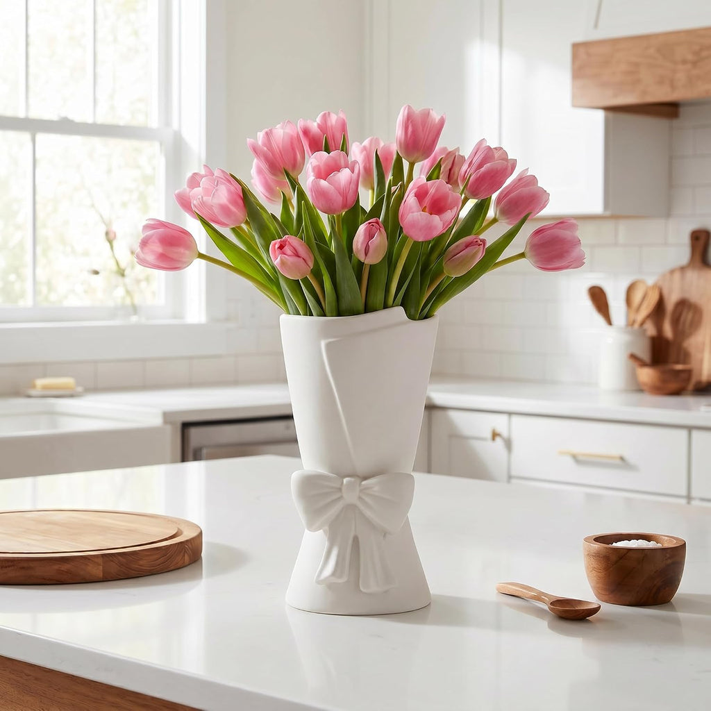 White Ceramic Bow Vase Unique Cute Decorative Bouquet Flower Vases 9.64 in Summer Home Decor Vase