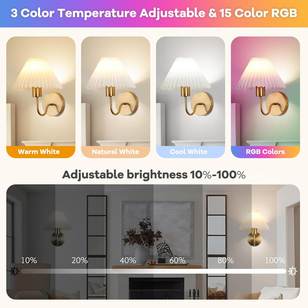Wireless Wall Sconce Sets of 2, Pleated Shades Rechargeable Battery Operated Wall Sconce, Retro gooseneck Gold Wall