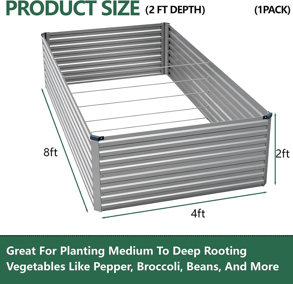 8x4x2ft Galvanized Raised Garden Bed,Metal Raised Beds Kit Silver