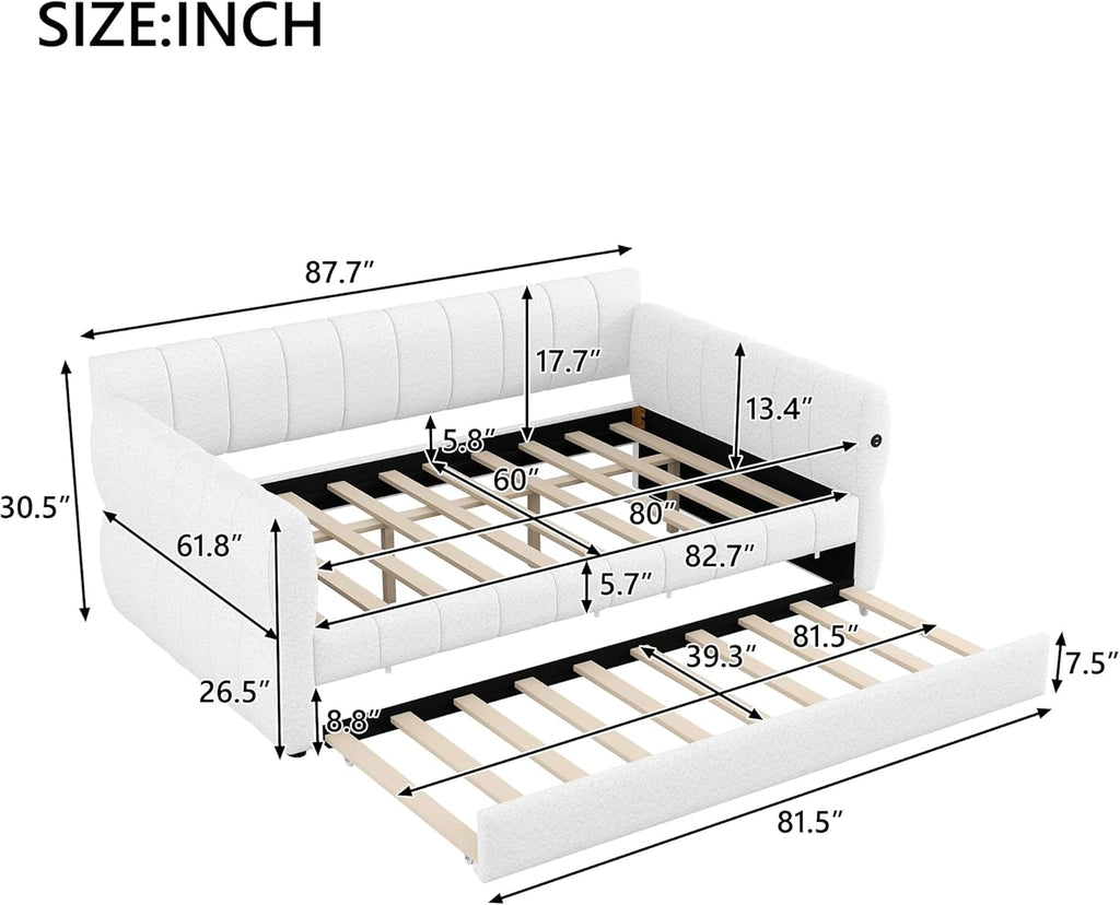 Queen Size Daybed with Trundle, Upholstered Daybed with USB Ports, Fleece Upholstered Platform Bed Frame with Twin XL