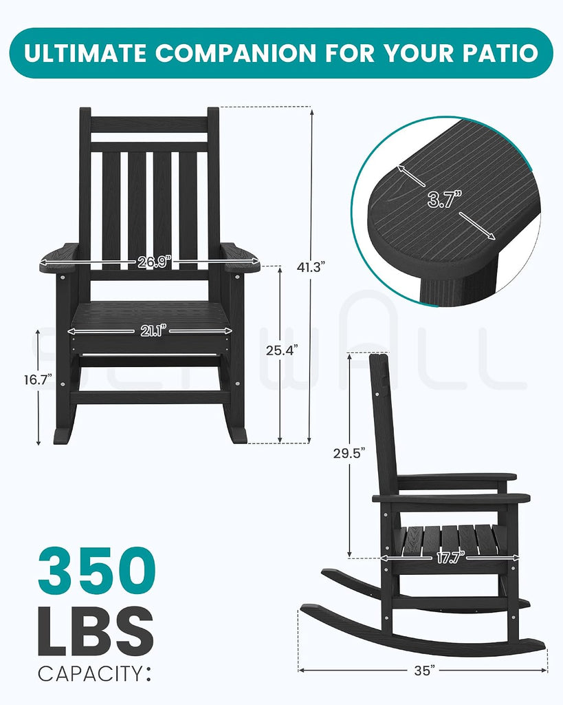 Outdoor Rocking Chair Set of 2, HDPE Rocking Chairs for Adult, Black