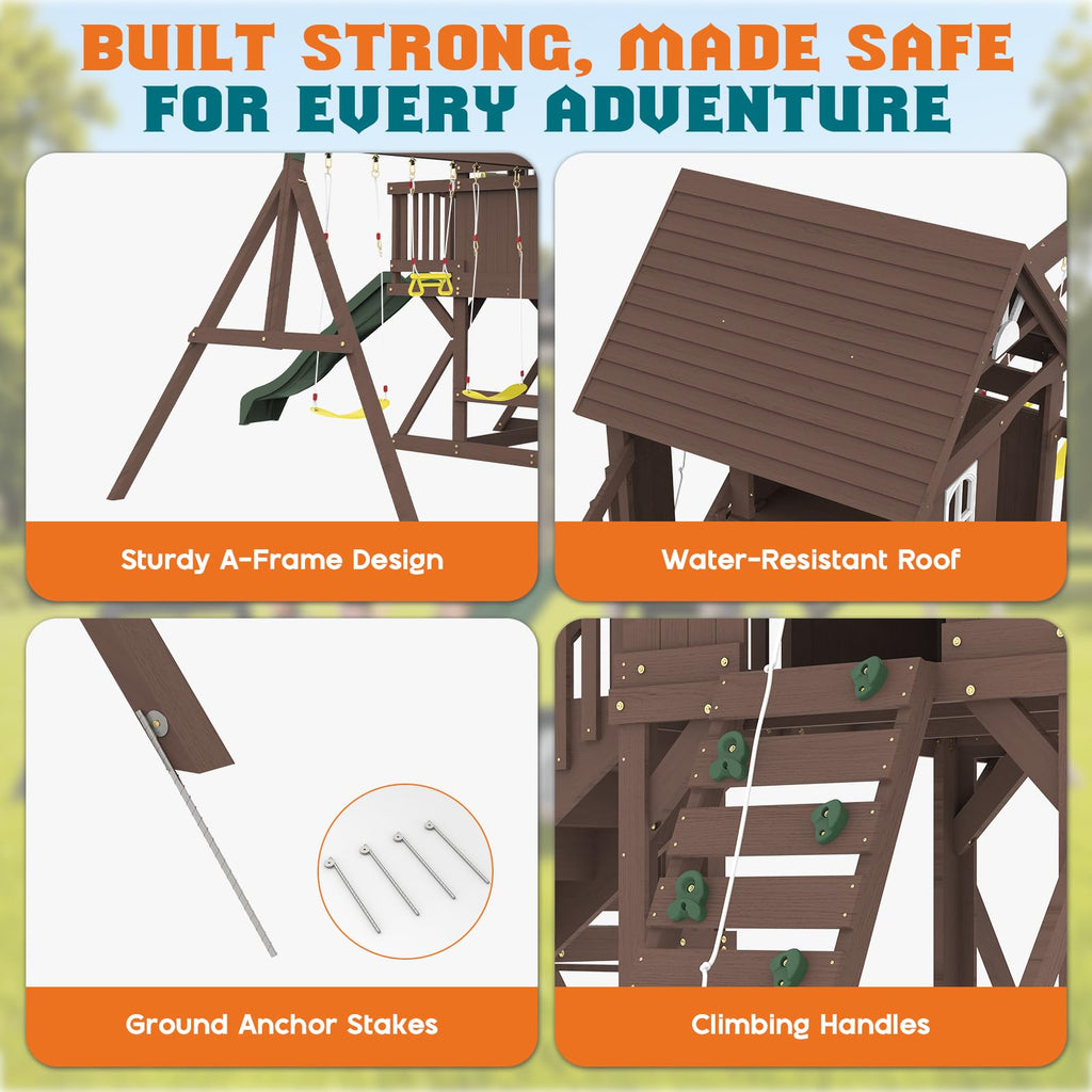 Wooden Swing Set for Kids with Double Towers