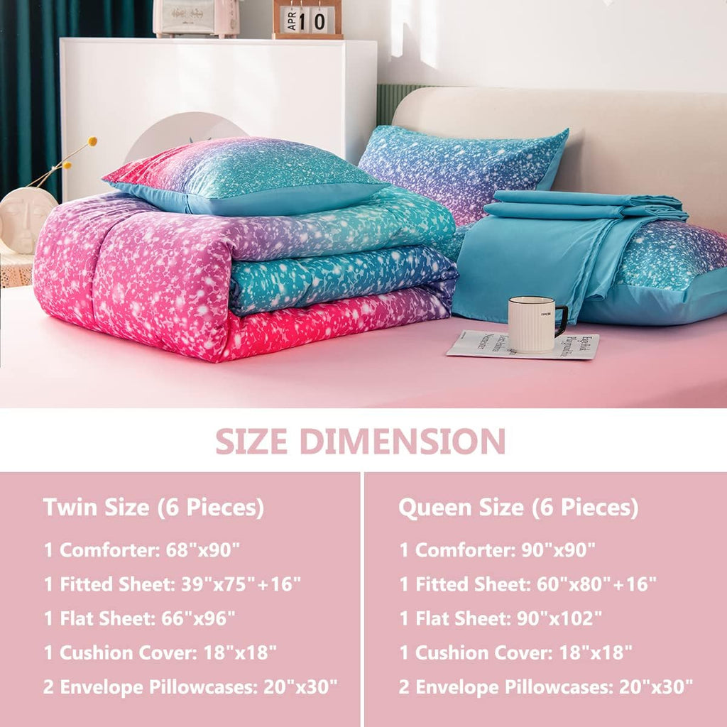 Girls Bedding Set 6 Piece Blue Pink Comforter Set Kids Bed in A Bag Colorful Rainbow Glitter Bed Set Decoration