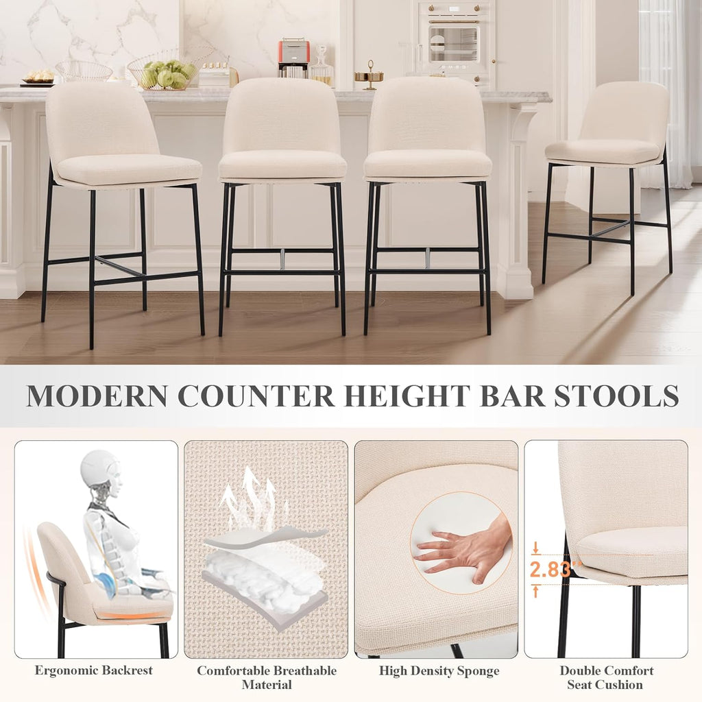 Counter Height Bar Stools Set of 4, 25 Inch Modern Fabric Kitchen Island Stools with Back, Upholstered Counter
