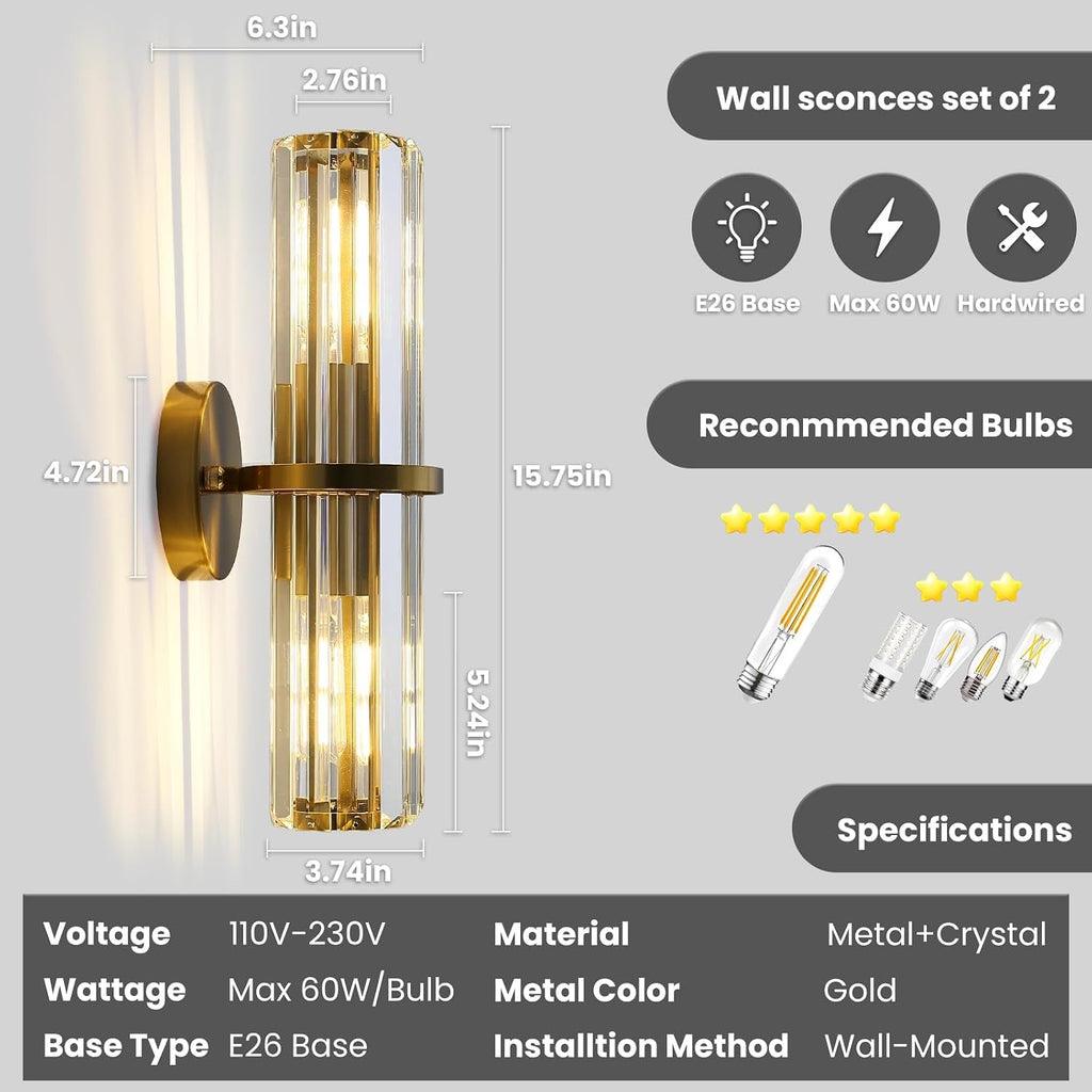 Crystal Wall Sconce Set of 2, Gold Crystal Bathroom Wall Light, Modern Sconces Wall Decor 2-Light Luxury Indoor Wall