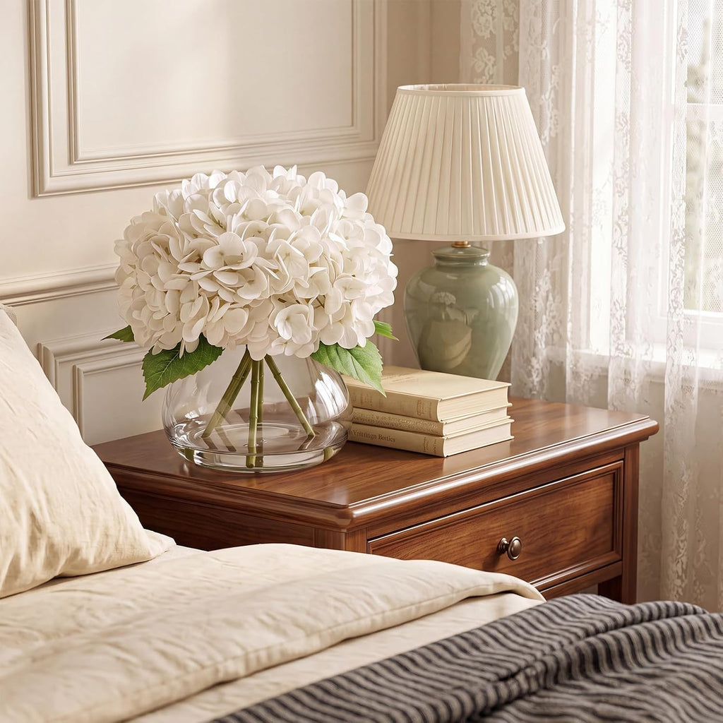 Real Touch Artificial Hydrangea in Vase,Premium Faux Flowers with Faux Water Decoration,Coffee,Table,Wedding,White