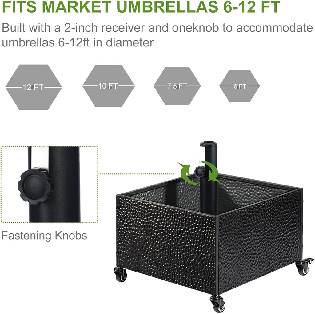 Heavy-Duty Metal Umbrella Base Stand with Wheels, 150lb Capacity Portable Fillable Planter - Black - S5NQ