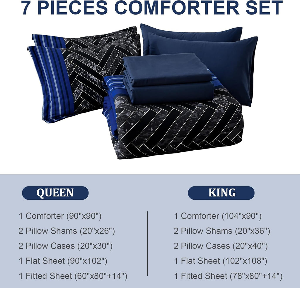 Blue Comforter Set, 7 Pieces Stripe Geometric Bed in a Bag, Geometric Comforter and Sheet Set