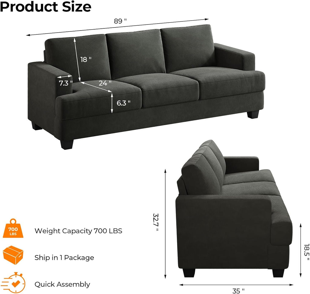 89 Inch Sofa with Extra Deep Seats Oversize, 3 Seater Sofa , Modern Couch and Sofa, Comfy Armrests and Seats and