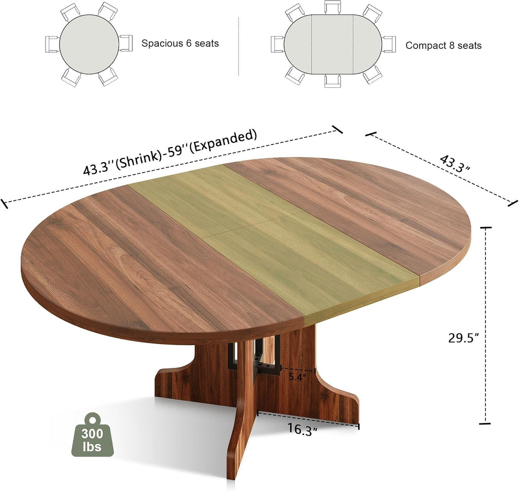 59" Round Extendable Dining Room Table for 4-6, Modern Oval Kitchen Table with Heavy Duty Wood Base, Metal Frame