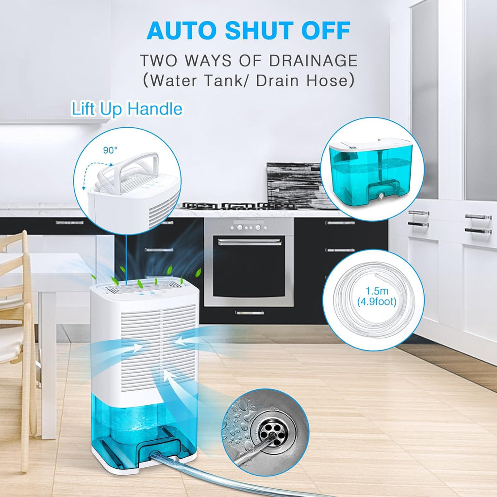 Dehumidifier 68oz(2000ml) Small Dehumidifier with Drain Hose for Up to 650 sq.ft Ultra Quiet Mini Portable Air for