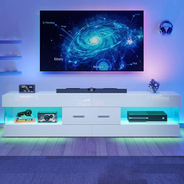67" Modern TV Stand for TVs up to 75 Inch, High Gloss LED Entertainment Center with Stone-Patterned Doors, TV Console