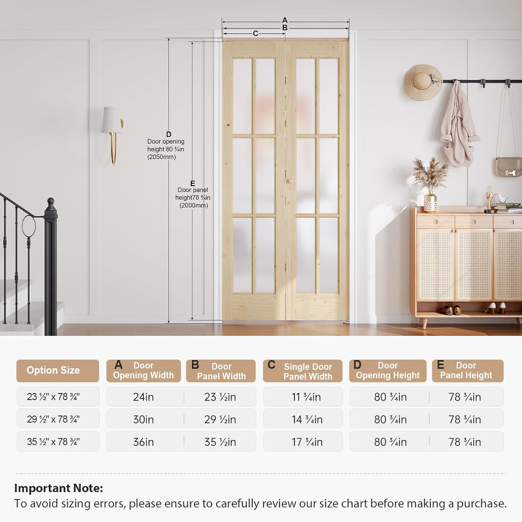 30"x 80" (Double 15" x 80") Bifold Barn Door, Tempered Frosted Glass Bifold Closet Door with 2.5FT C
