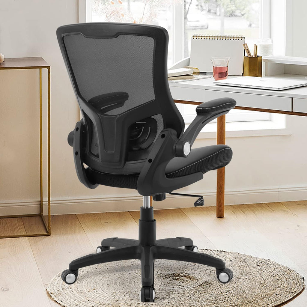 Ergonomic Desk Chair, Computer PU Leather Home, Swivel Mesh Back Adjustable Lumbar Support Flip-up Arms Executive