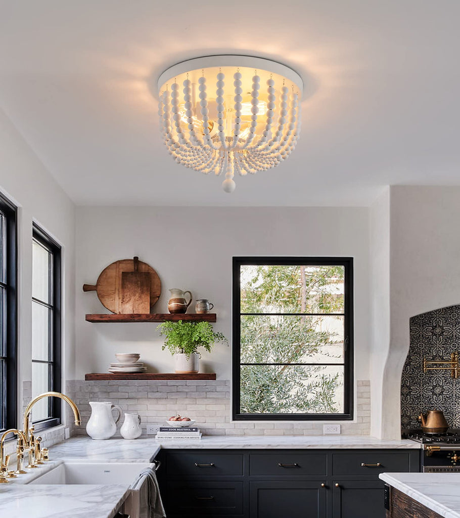 White Boho Beaded Chandeliers Flush Mount Ceiling Light, 3-Lights Small Chandelier Light Fixture, Stairway Gazebo