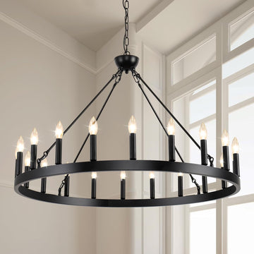 Inspired Camino Style Chandelier - Wagon Wheel Chandeliers 40“ 20-Light, Black Modern Farmhouse Chandelier with Adjustable Height, Hanging Island Light Fixture for Dining Living Ceiling Room Outdoor