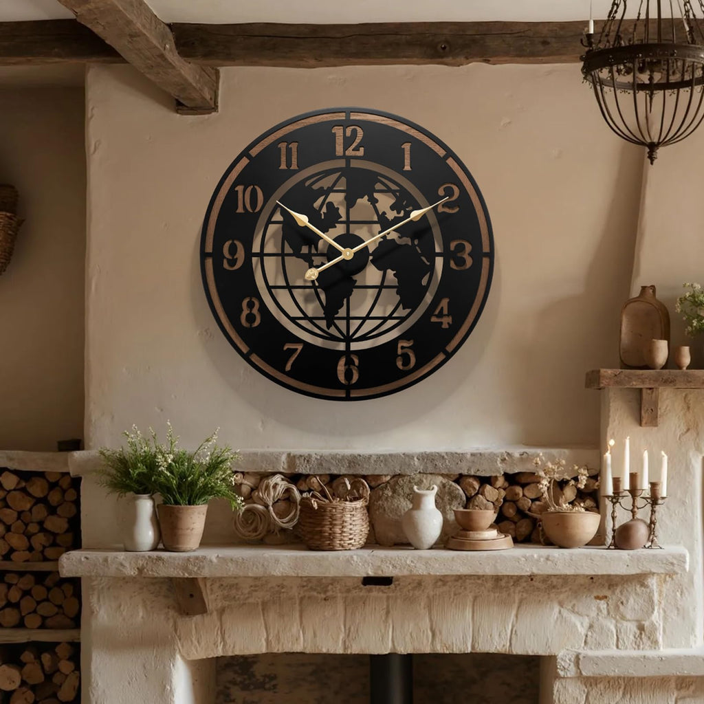 Large World Map Wall Clock, 32" Wooden Minimalist Modern Clock