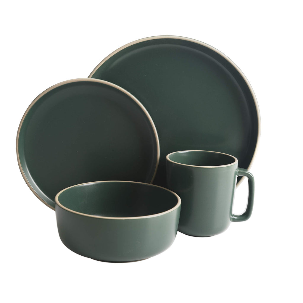 Zuma 16 Piece Round Kitchen Dinnerware Set, Dishes, Plates, Bowls, Mugs, Service for 4, Matte Stoneware, Green