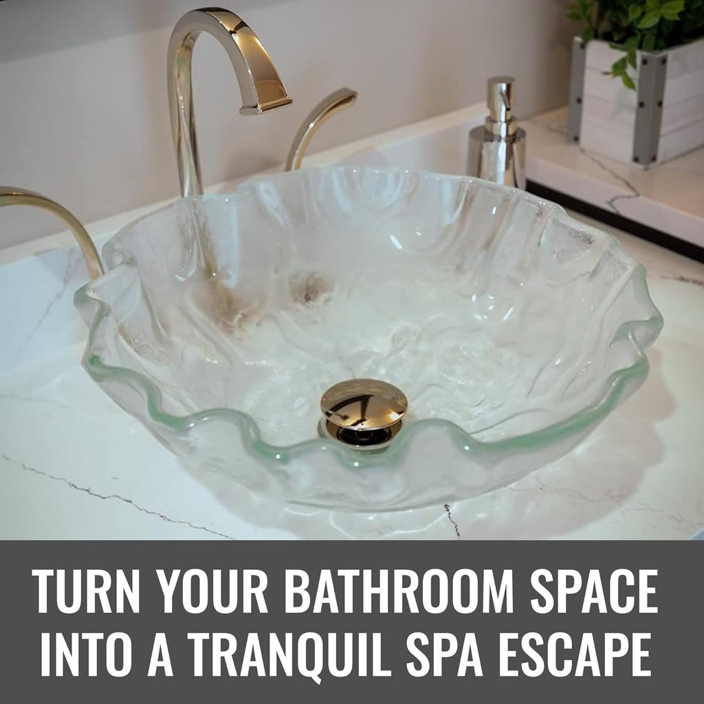 Eden Bath Clear Free-Form Wave Rim Round Glass Sink Bowl Bathroom Vessel Sink for Vanity Top