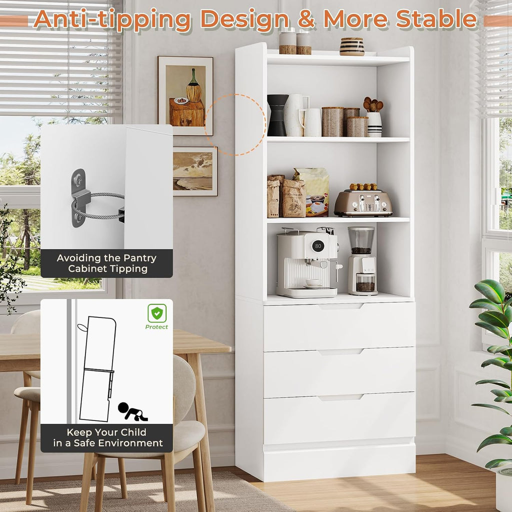 73.23'' Tall Storage Cabinet Bookcase with 3 Drawers and 3-Tier Open Shelves Wooden Bookshelf Kitchen Pantry Storage