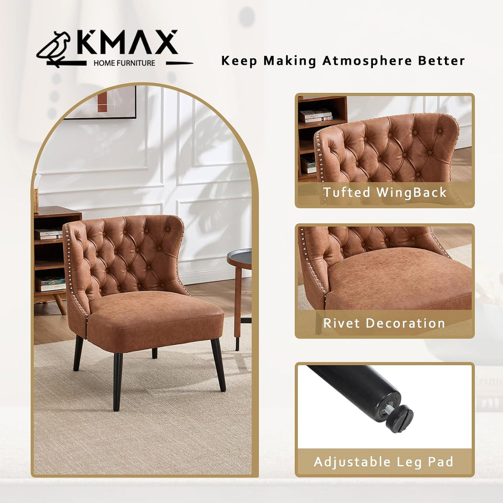 Accent Chair, Leather Slipper Chair with Button Tufted Wingback, Armless Living Room Chair with Nails Decorative