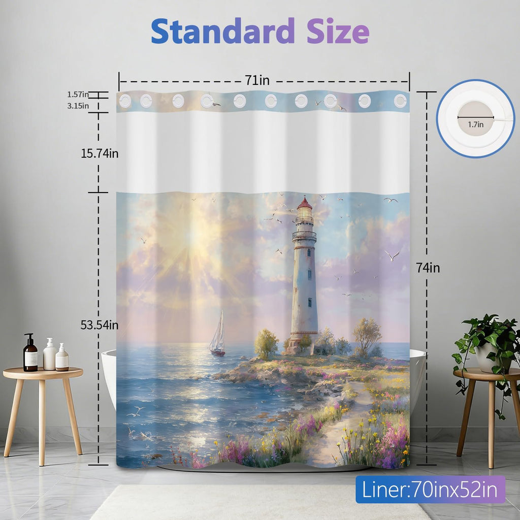 Beach No Hook Shower Curtain and Liner Set, Seaside Lighthouse Pattern Shower Curtain No Hooks with Snap in Liner